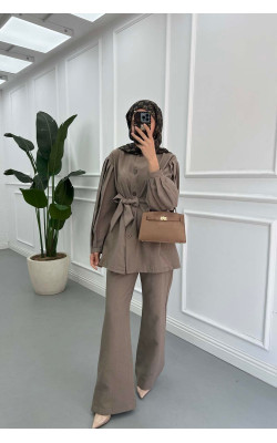 Sare Fashion Sleeve Detailed Tied Suit Mink