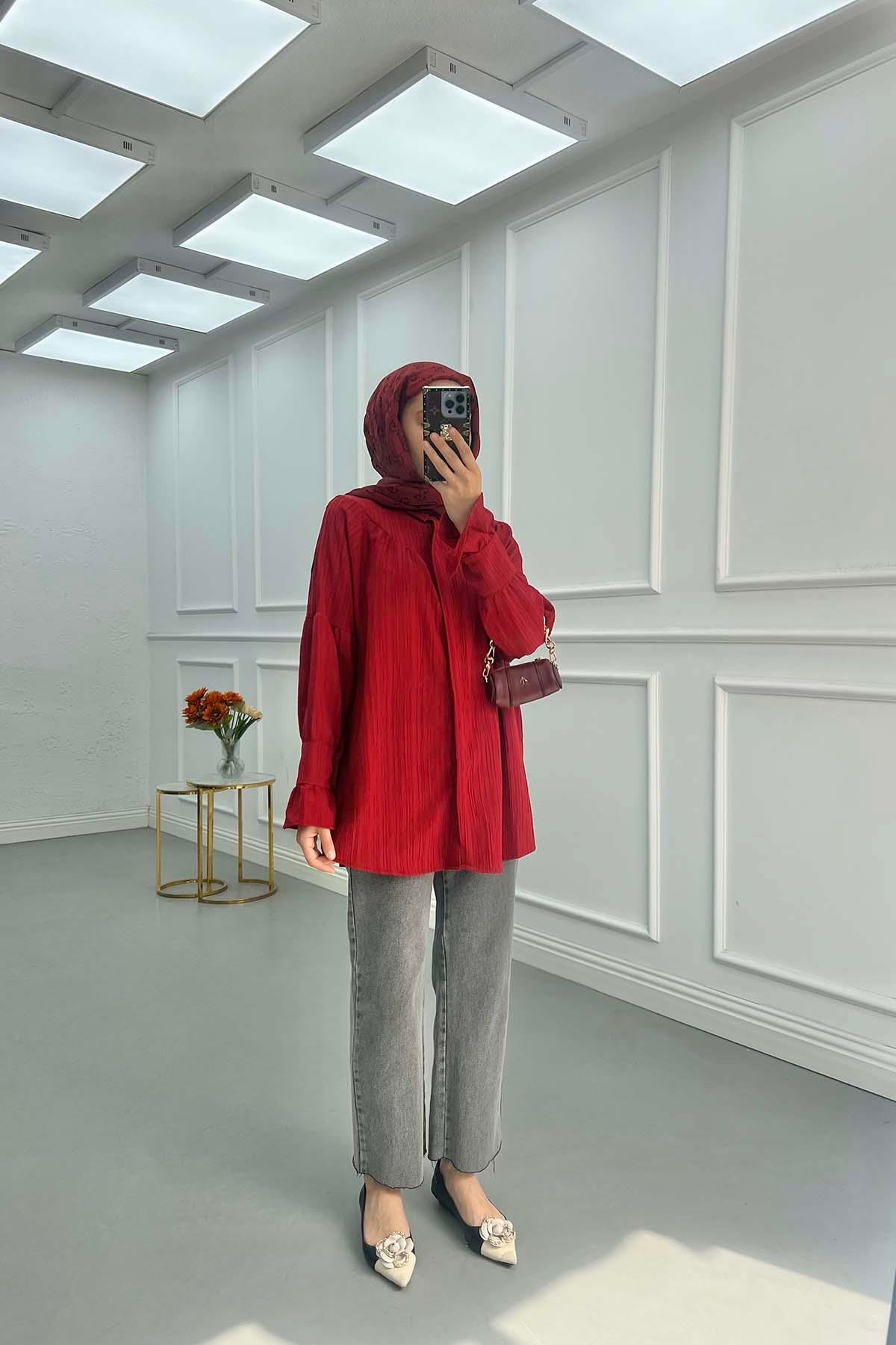 Sare Fashion Sleeve Detailed Strawberry Shirt Red