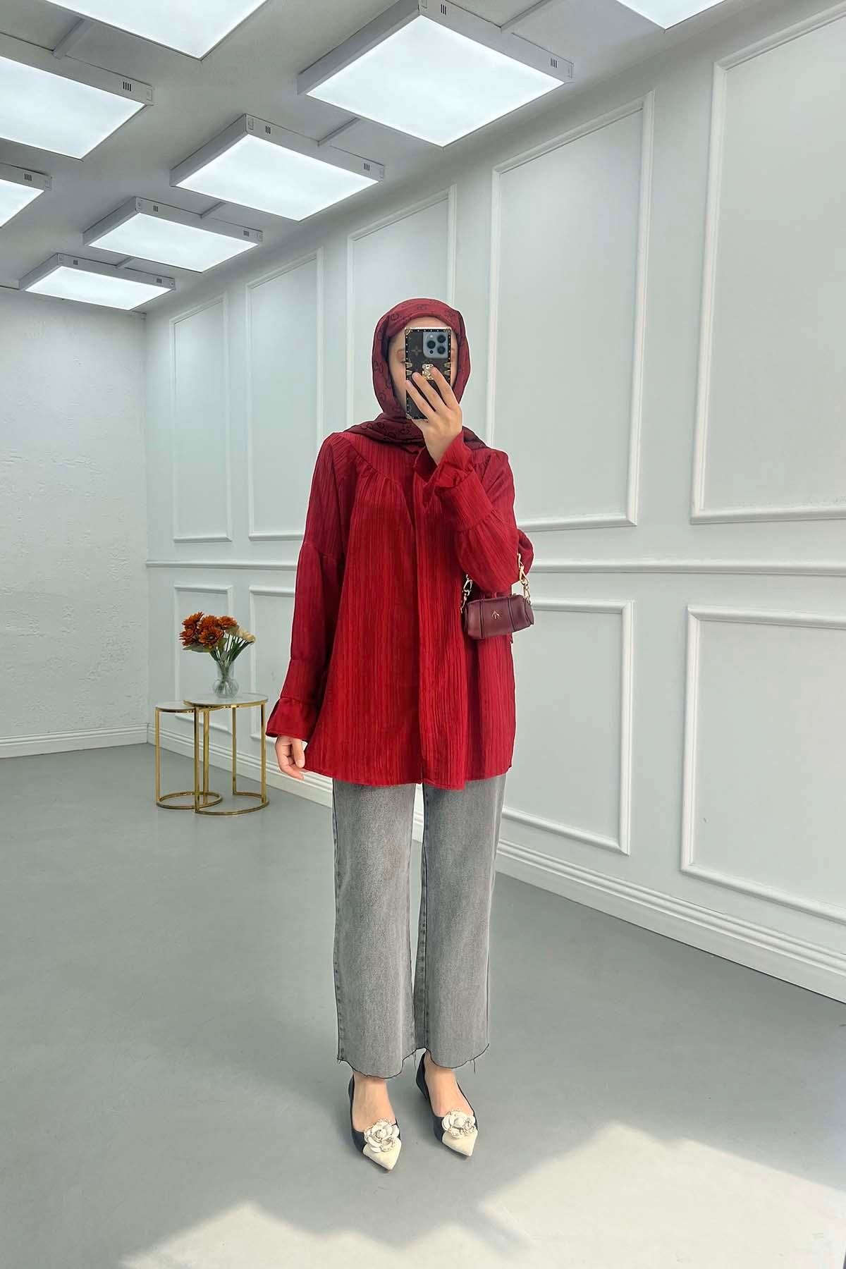 Sare Fashion Sleeve Detailed Strawberry Shirt Red