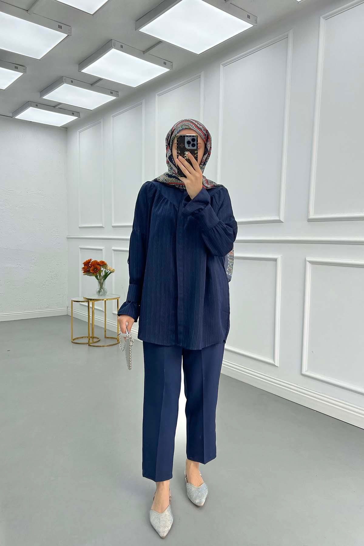 Sare Fashion Sleeve Detailed Strawberry Shirt Navy Blue