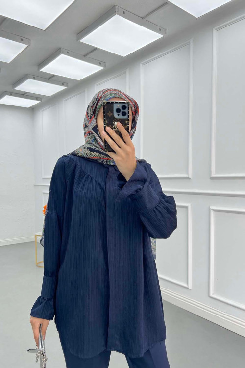 Sare Fashion Sleeve Detailed Strawberry Shirt Navy Blue