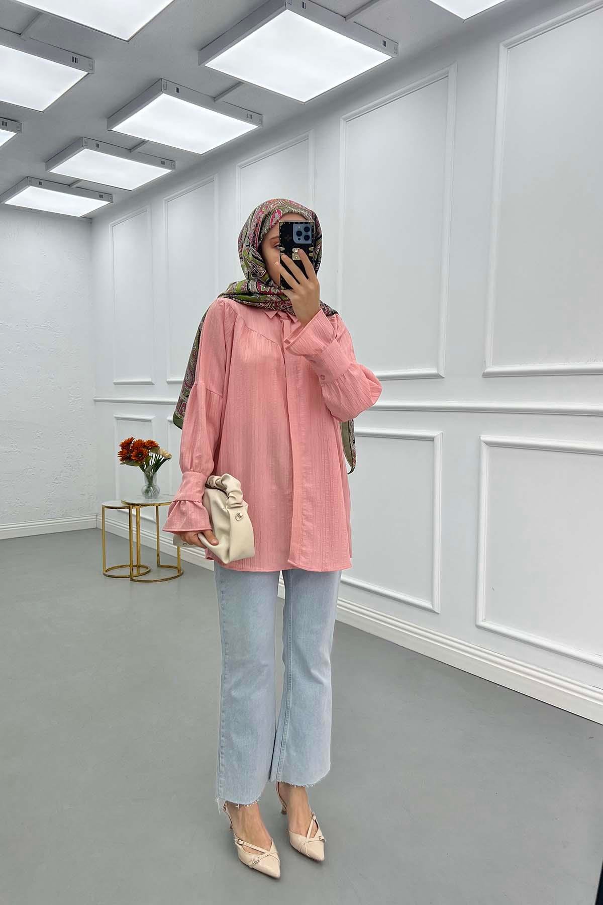 Sare Fashion Sleeve Detailed Strawberry Shirt Powder