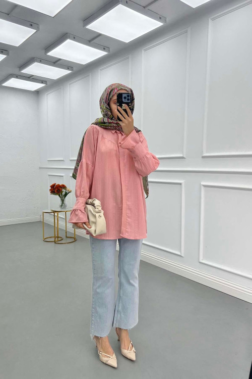 Sare Fashion Sleeve Detailed Strawberry Shirt Powder
