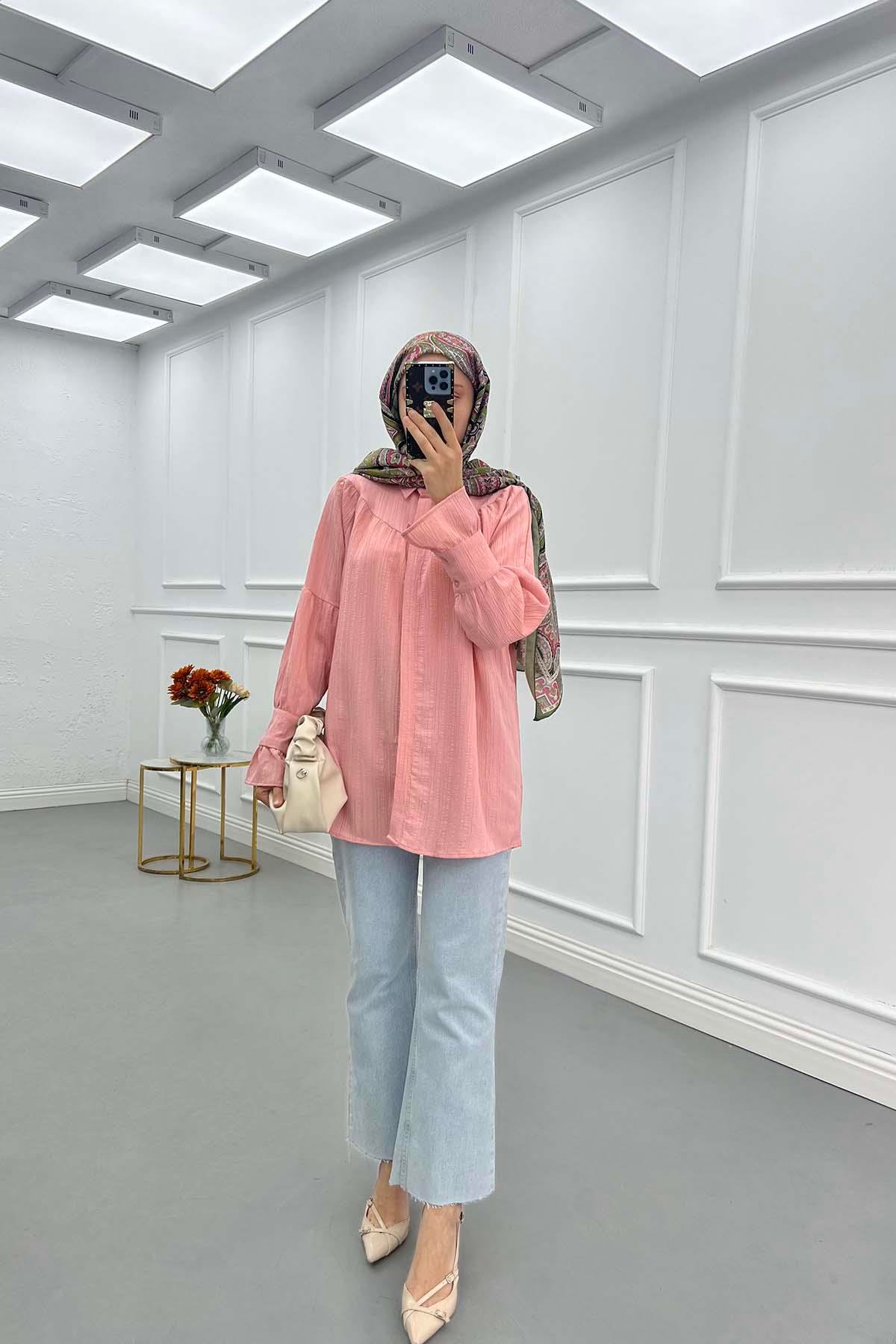 Sare Fashion Sleeve Detailed Strawberry Shirt Powder