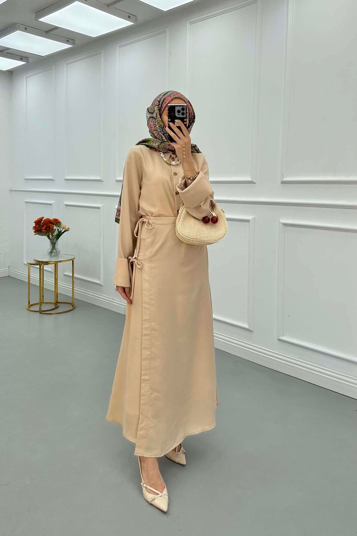 Sare Fashion Sleeve Detailed Skirt Suit Beige