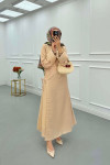 Sare Fashion Sleeve Detailed Skirt Suit Beige