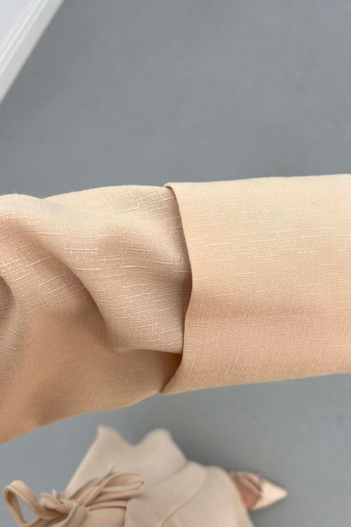 Sare Fashion Sleeve Detailed Skirt Suit Beige
