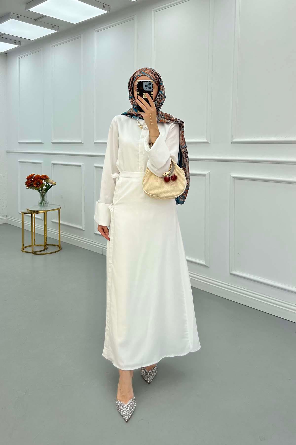 Sare Fashion Sleeve Detailed Skirt Suit White
