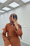 Sare Fashion Sleeve Detailed Skirt Suit Brown