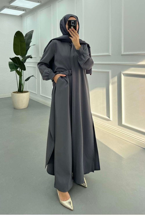 Sare Fashion Hidden Button Crepe Suit with Sleeve Detail Anthracite Sare Fashion Hidden Button Crepe Suit with Sleeve Detail Anthracite