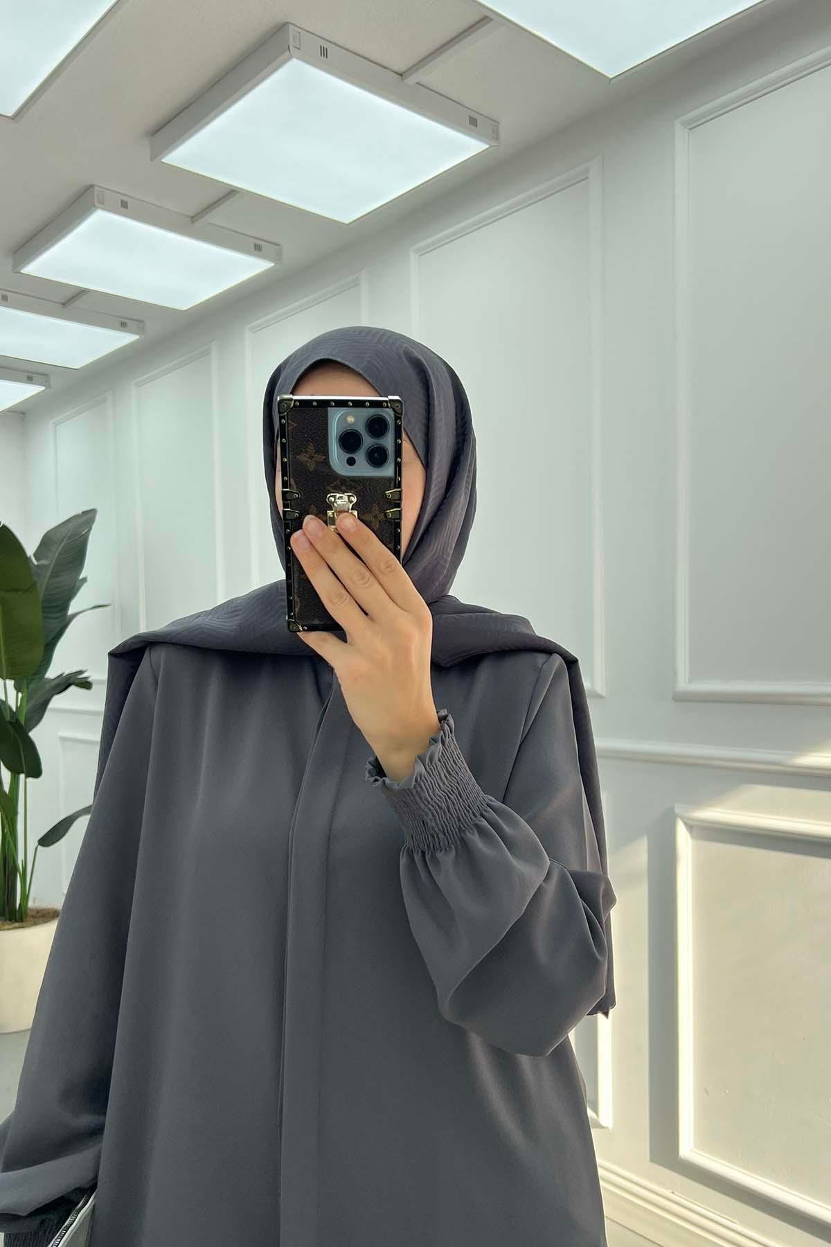 Sare Fashion Hidden Button Crepe Suit with Sleeve Detail Anthracite