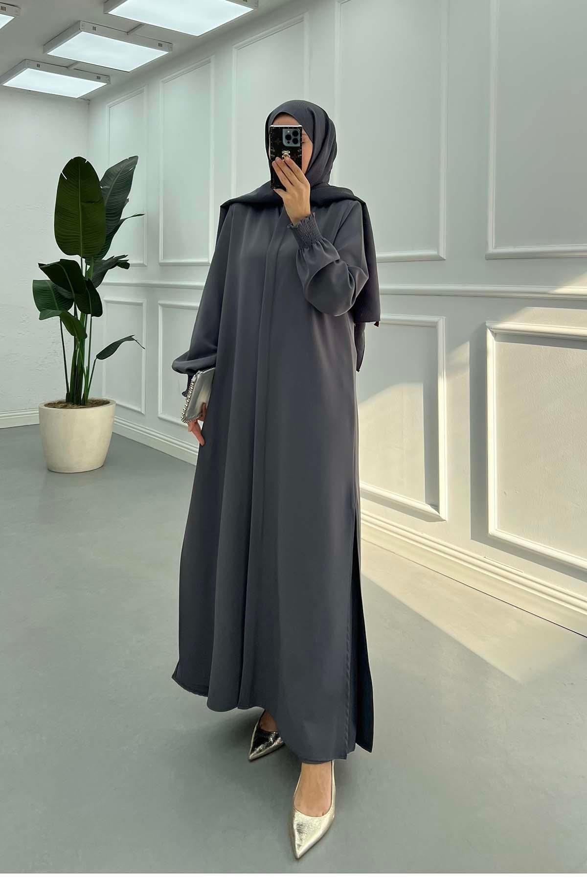 Sare Fashion Hidden Button Crepe Suit with Sleeve Detail Anthracite