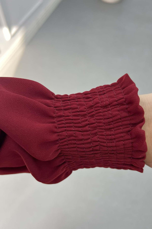 Sare Fashion Hidden Button Crepe Suit with Sleeve Detail, Burgundy Sare Fashion Hidden Button Crepe Suit with Sleeve Detail, Burgundy