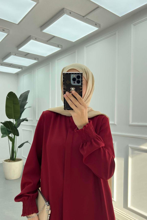 Sare Fashion Hidden Button Crepe Suit with Sleeve Detail, Burgundy Sare Fashion Hidden Button Crepe Suit with Sleeve Detail, Burgundy