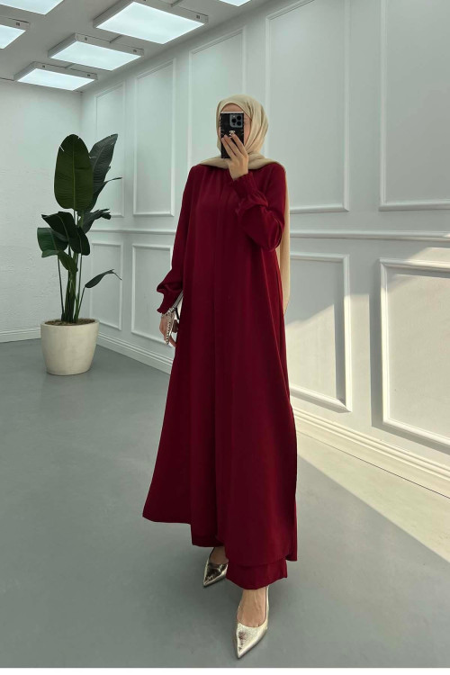 Sare Fashion Hidden Button Crepe Suit with Sleeve Detail, Burgundy Sare Fashion Hidden Button Crepe Suit with Sleeve Detail, Burgundy