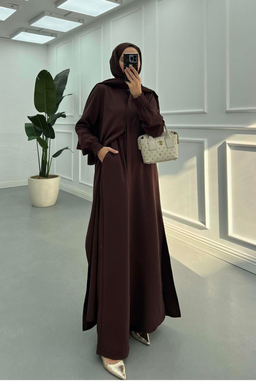 Sare Fashion Hidden Button Crepe Suit with Sleeve Detail, Brown Sare Fashion Hidden Button Crepe Suit with Sleeve Detail, Brown