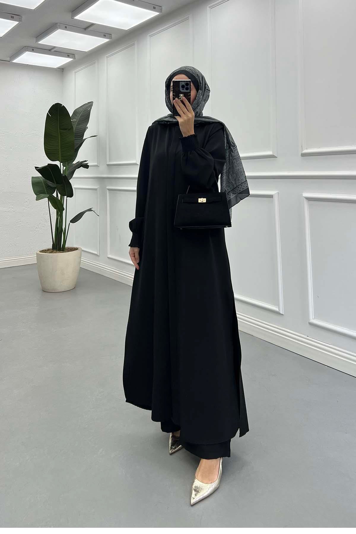 Sare Fashion Cuff Detailed Hidden Button Crepe Suit Black