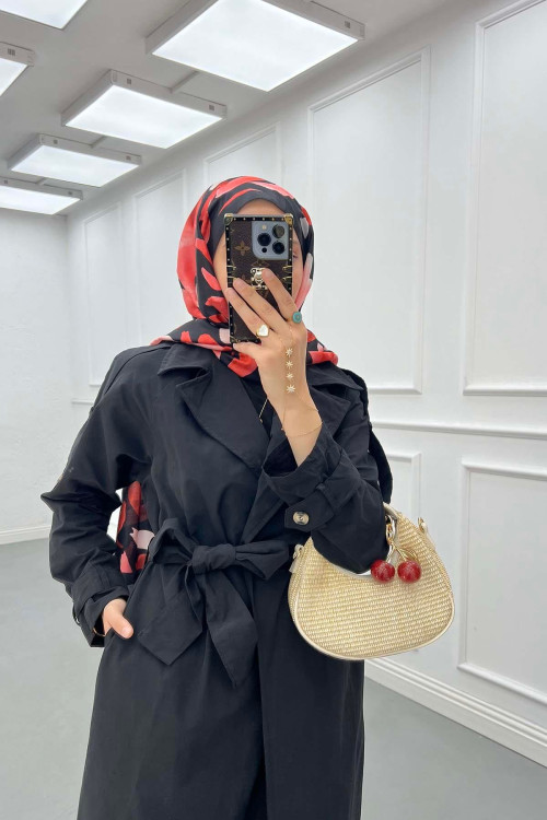 Sare Fashion Sleeve Detailed Belted Trench Coat Black
