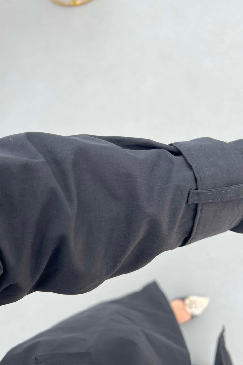 Sare Fashion Sleeve Detailed Belted Trench Coat Black