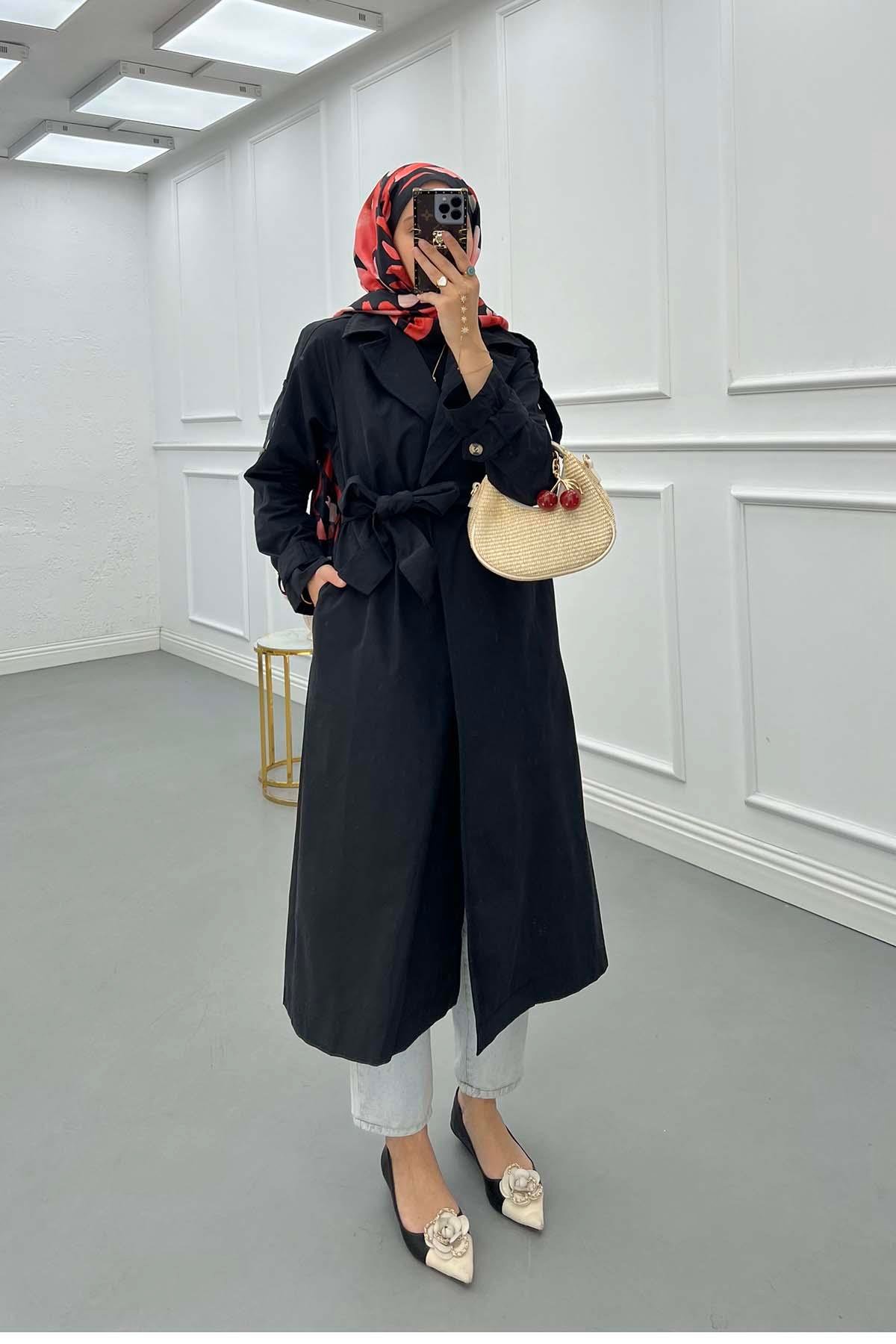 Sare Fashion Sleeve Detailed Belted Trench Coat Black