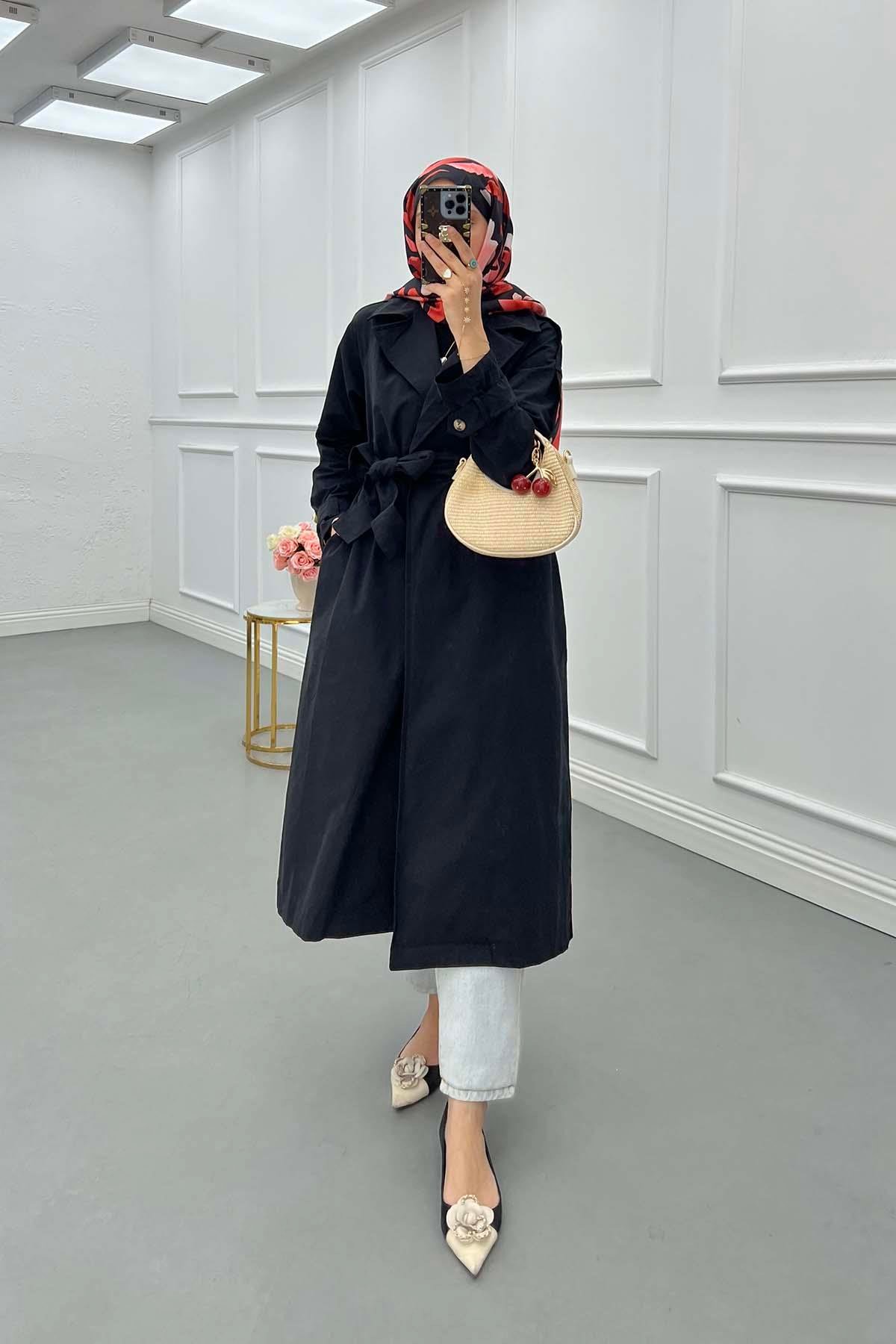 Sare Fashion Sleeve Detailed Belted Trench Coat Black