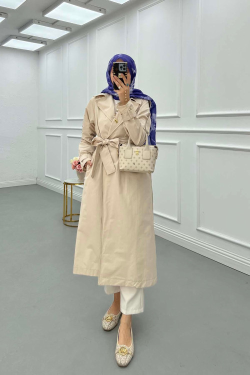 Sare Fashion Sleeve Detailed Belted Trench Coat Stone