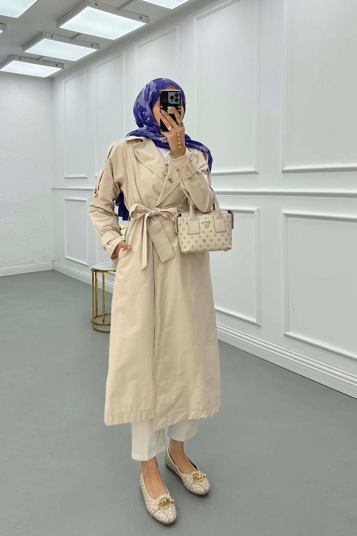 Sare Fashion Sleeve Detailed Belted Trench Coat Stone