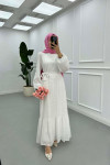 Sare Fashion Sleeve Detailed Belted Lined Tulle Dress White