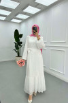Sare Fashion Sleeve Detailed Belted Lined Tulle Dress White