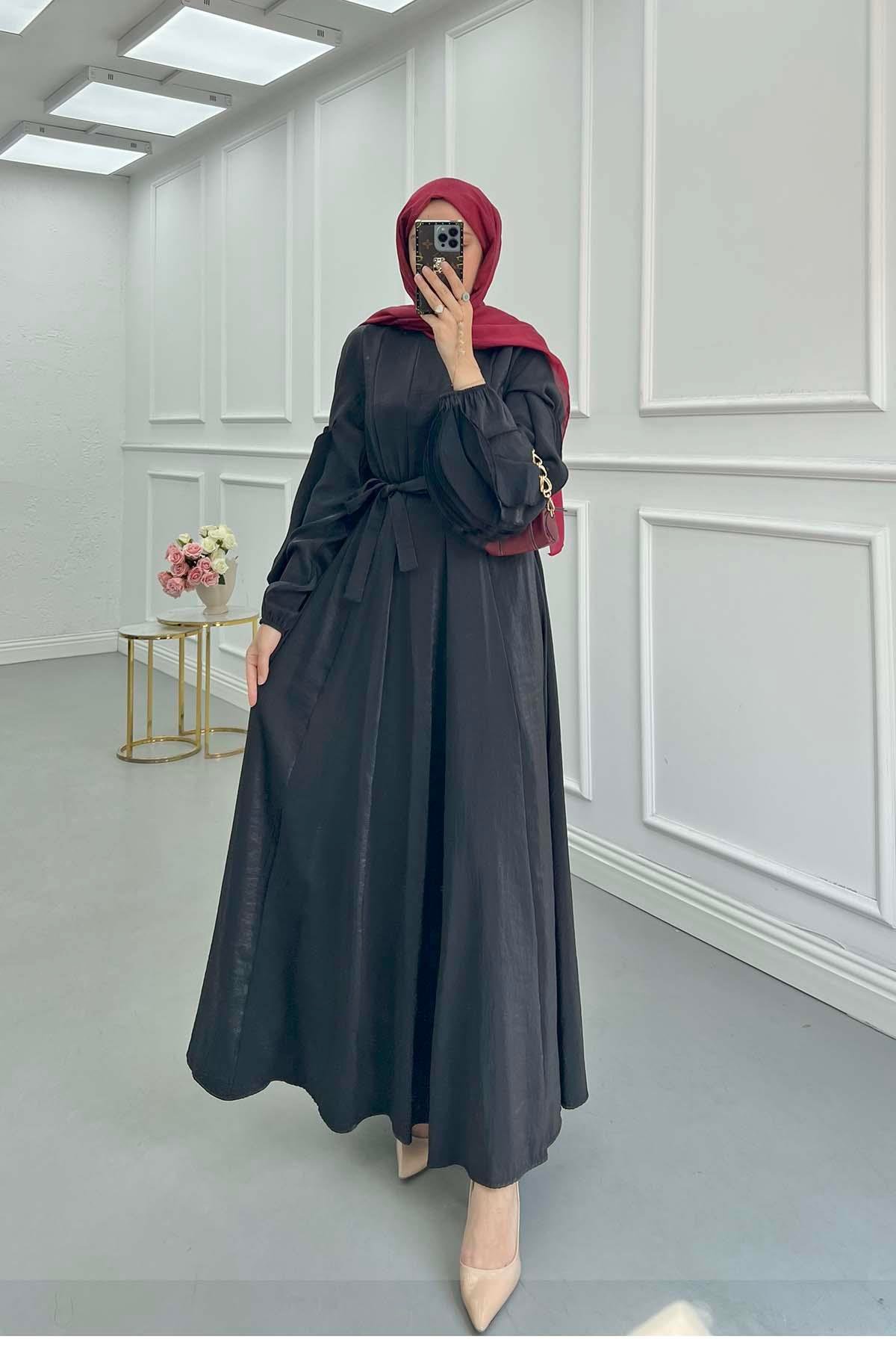 Sare Fashion Sleeve Detailed Belted Dress Black