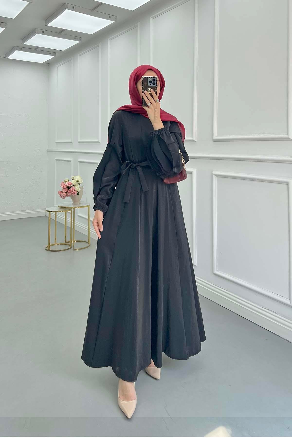 Sare Fashion Sleeve Detailed Belted Dress Black