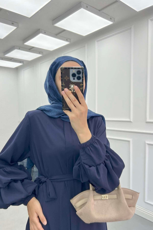 Sare Fashion Belted Abaya with Sleeve Detail Navy Blue