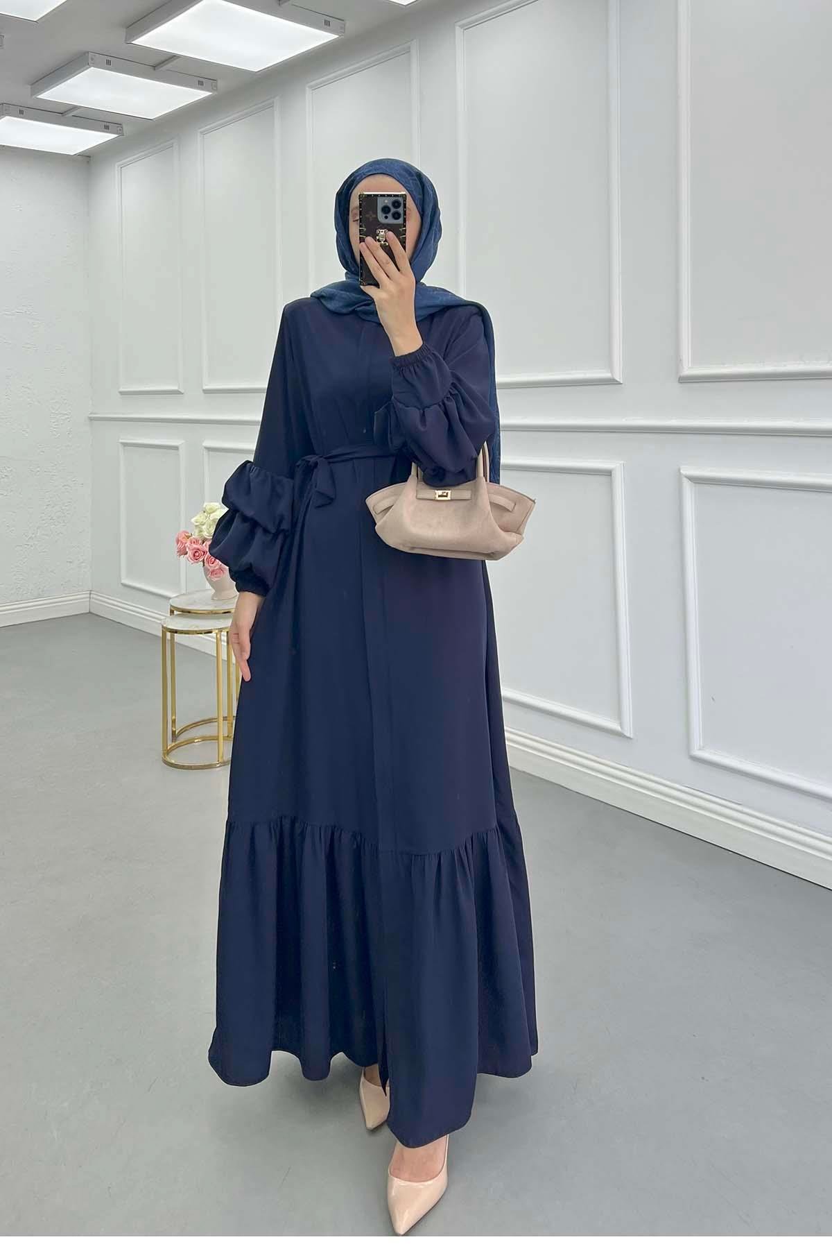 Sare Fashion Belted Abaya with Sleeve Detail Navy Blue