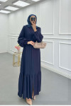 Sare Fashion Belted Abaya with Sleeve Detail Navy Blue