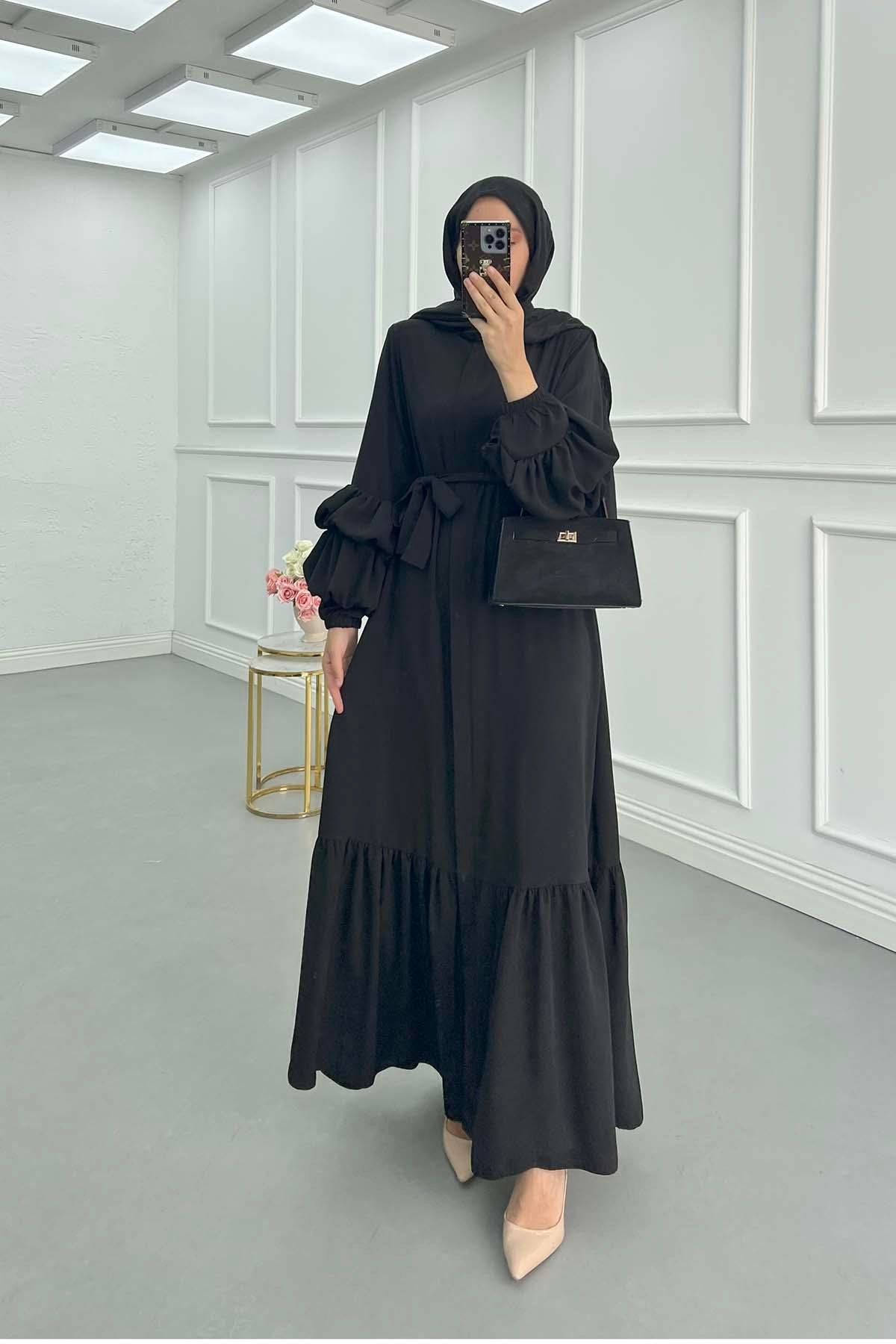 Sare Fashion Belted Abaya with Sleeve Detail in Black