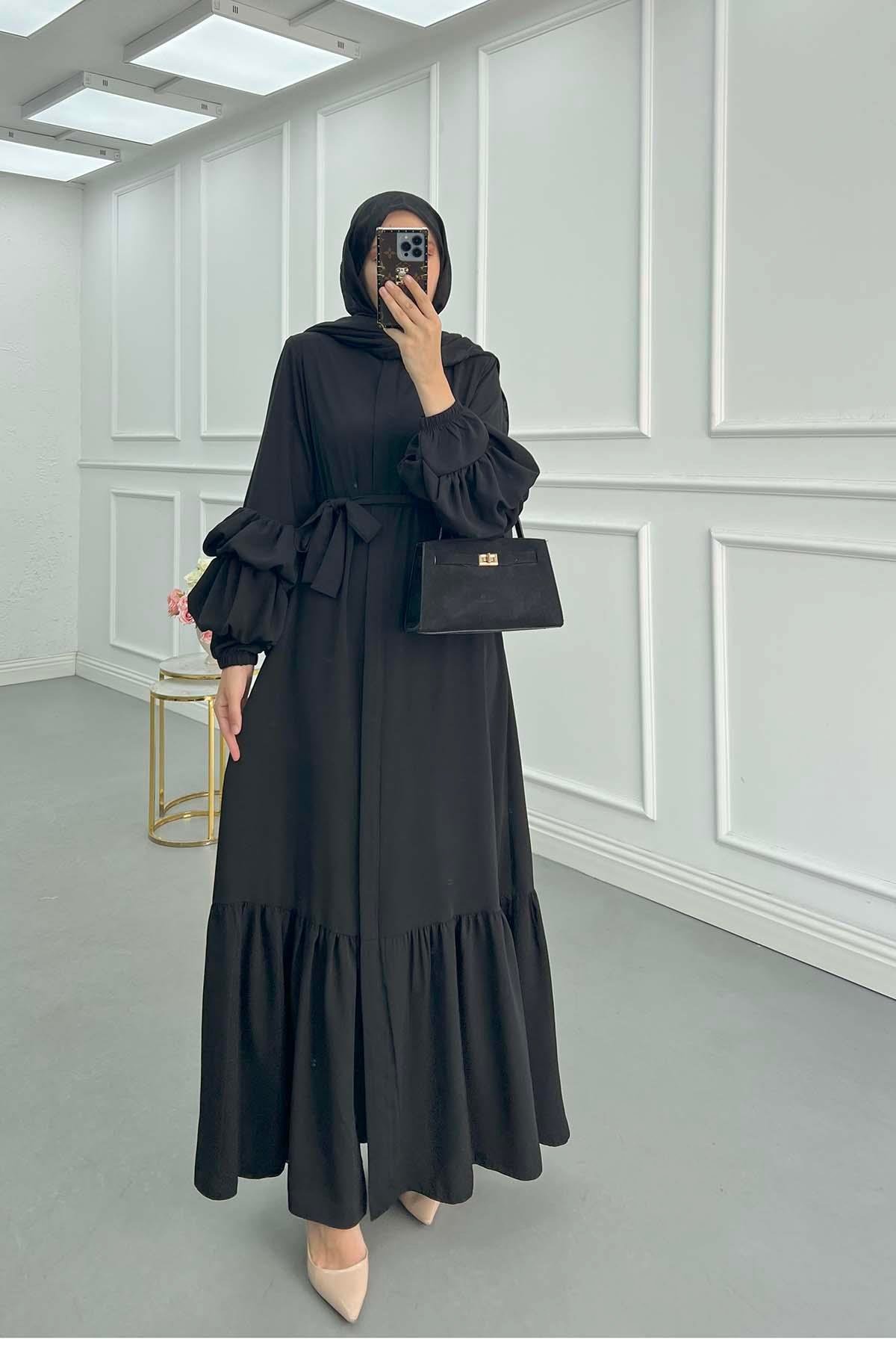 Sare Fashion Belted Abaya with Sleeve Detail in Black