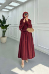 Sare Fashion Sleeve Detailed Front Tie Suit Claret Red