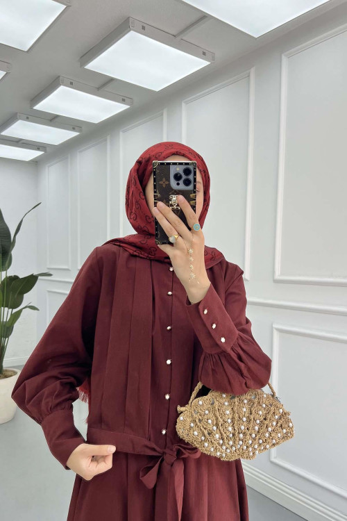 Sare Fashion Sleeve Detailed Front Tie Suit Claret Red
