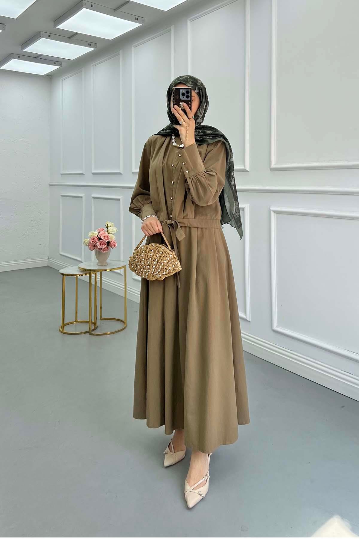 Sare Fashion Sleeve Detailed Front Tie Suit Khaki