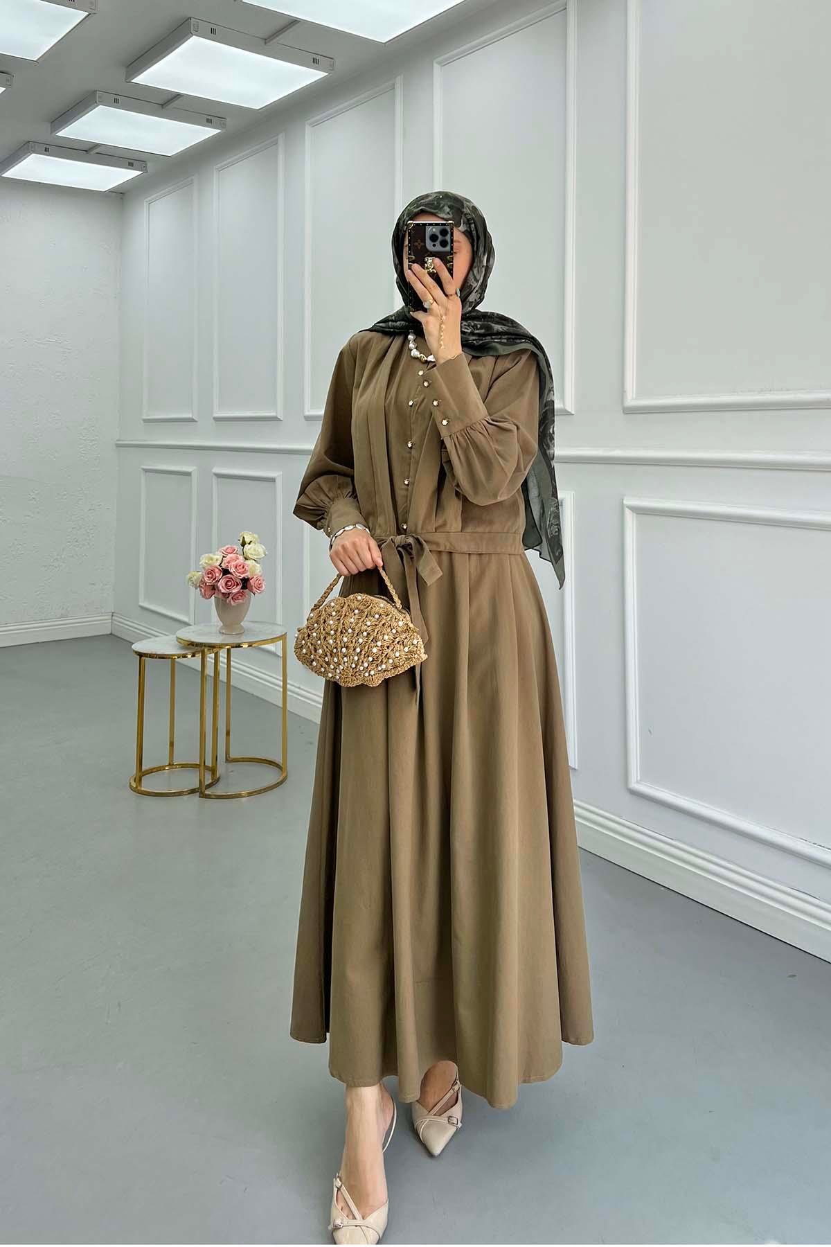Sare Fashion Sleeve Detailed Front Tie Suit Khaki