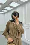 Sare Fashion Sleeve Detailed Front Tie Suit Khaki