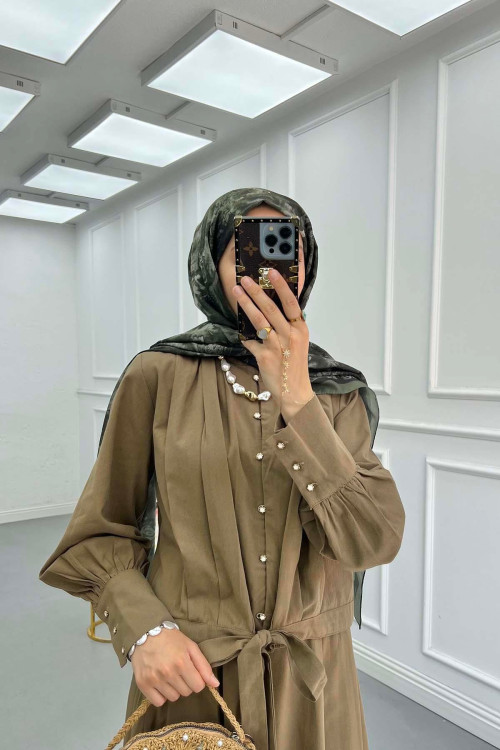 Sare Fashion Sleeve Detailed Front Tie Suit Khaki