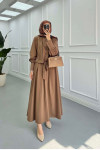Sare Fashion Sleeve Detailed Front Tie Suit Brown