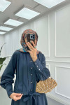 Sare Fashion Sleeve Detailed Front Tie Suit Navy Blue