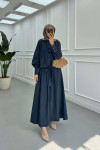 Sare Fashion Sleeve Detailed Front Tie Suit Navy Blue