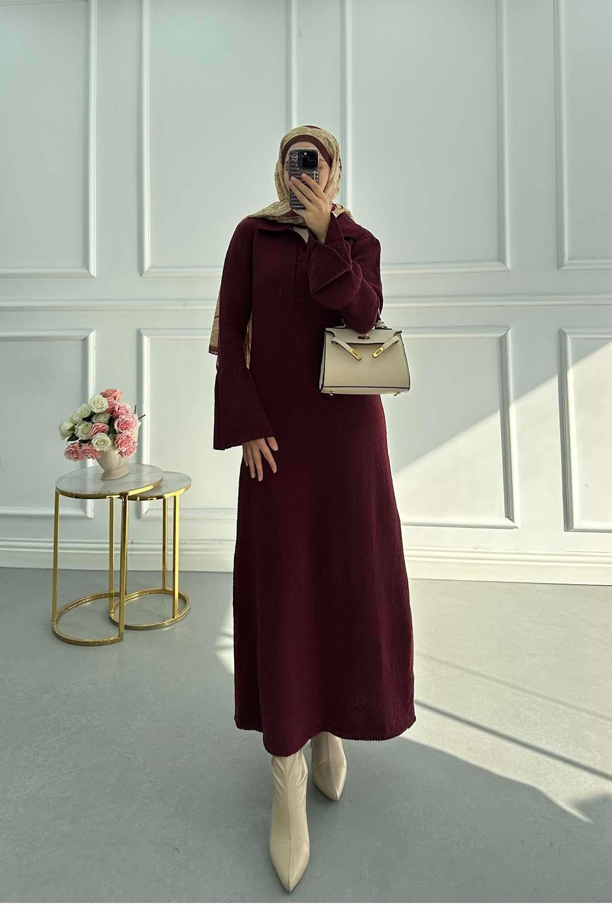 Sare Fashion Sleeve Detailed Knit Dress Burgundy