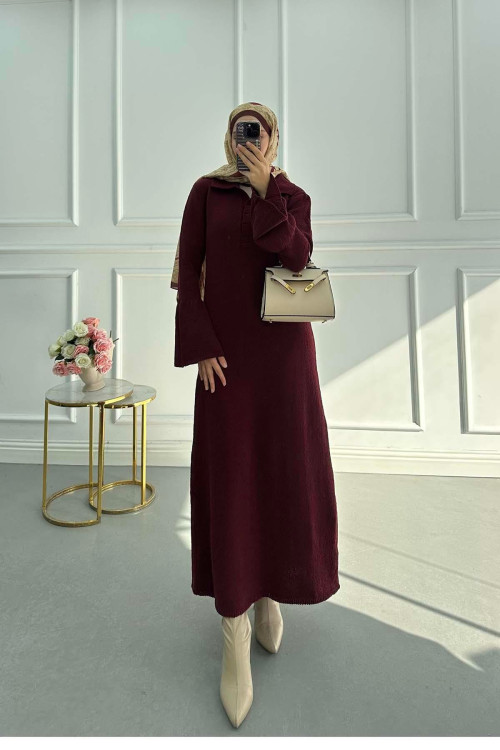 Sare Fashion Sleeve Detailed Knit Dress Burgundy