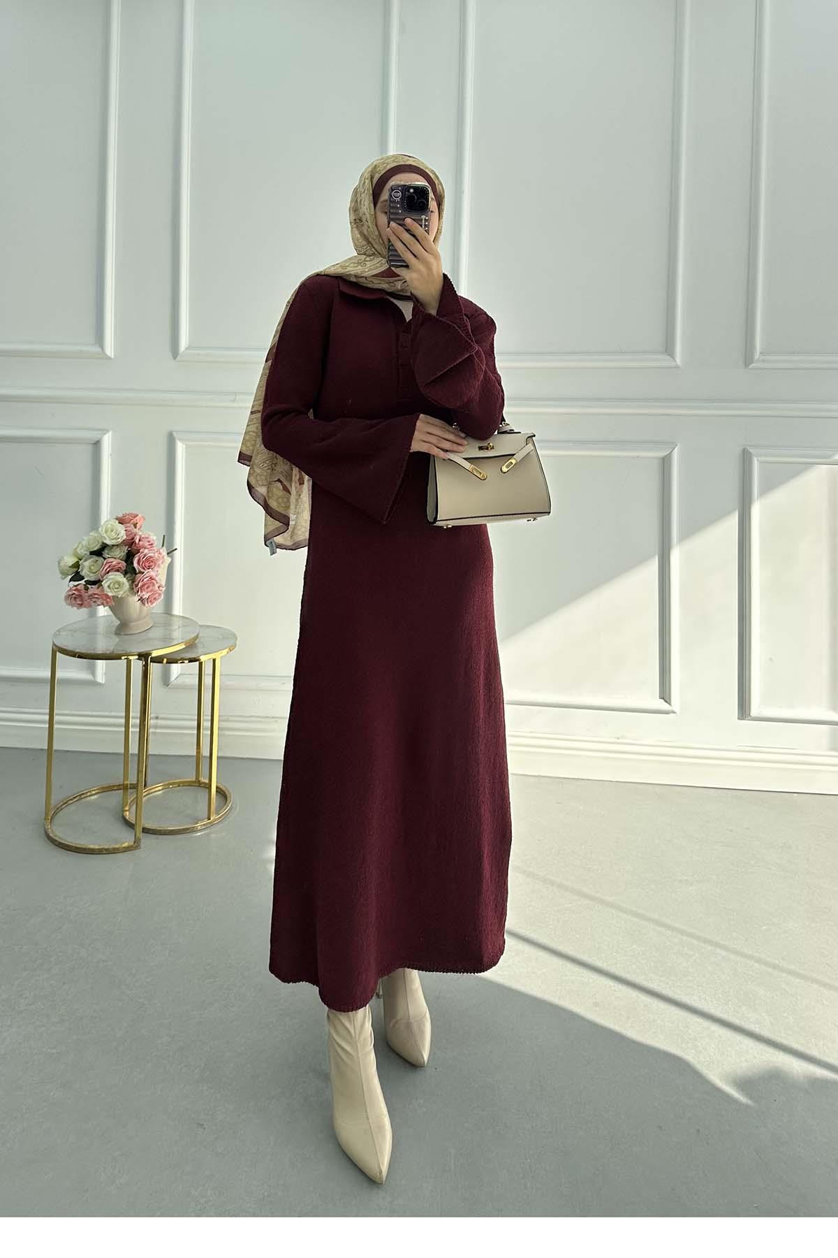 Sare Fashion Sleeve Detailed Knit Dress Burgundy