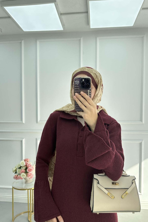 Sare Fashion Sleeve Detailed Knit Dress Burgundy