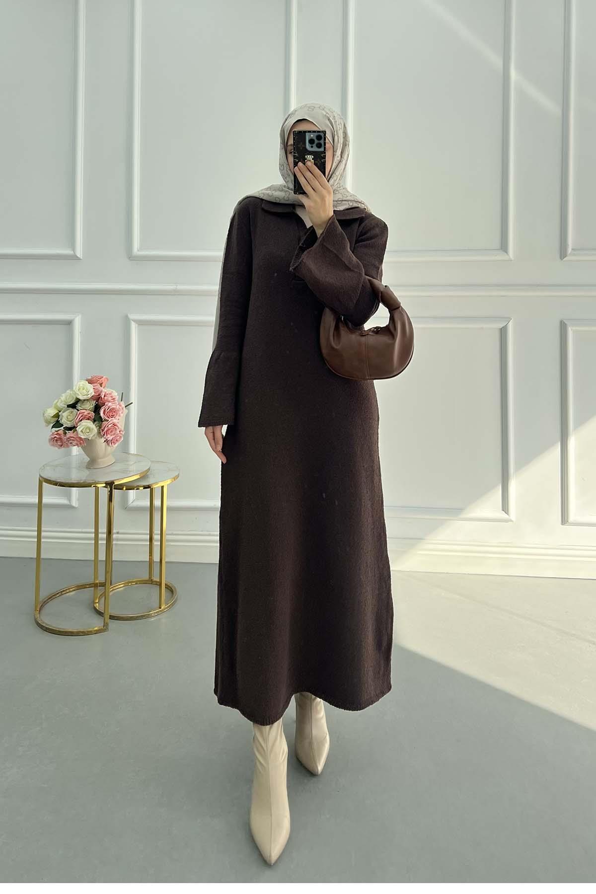 Sare Fashion Sleeve Detailed Knit Dress Brown